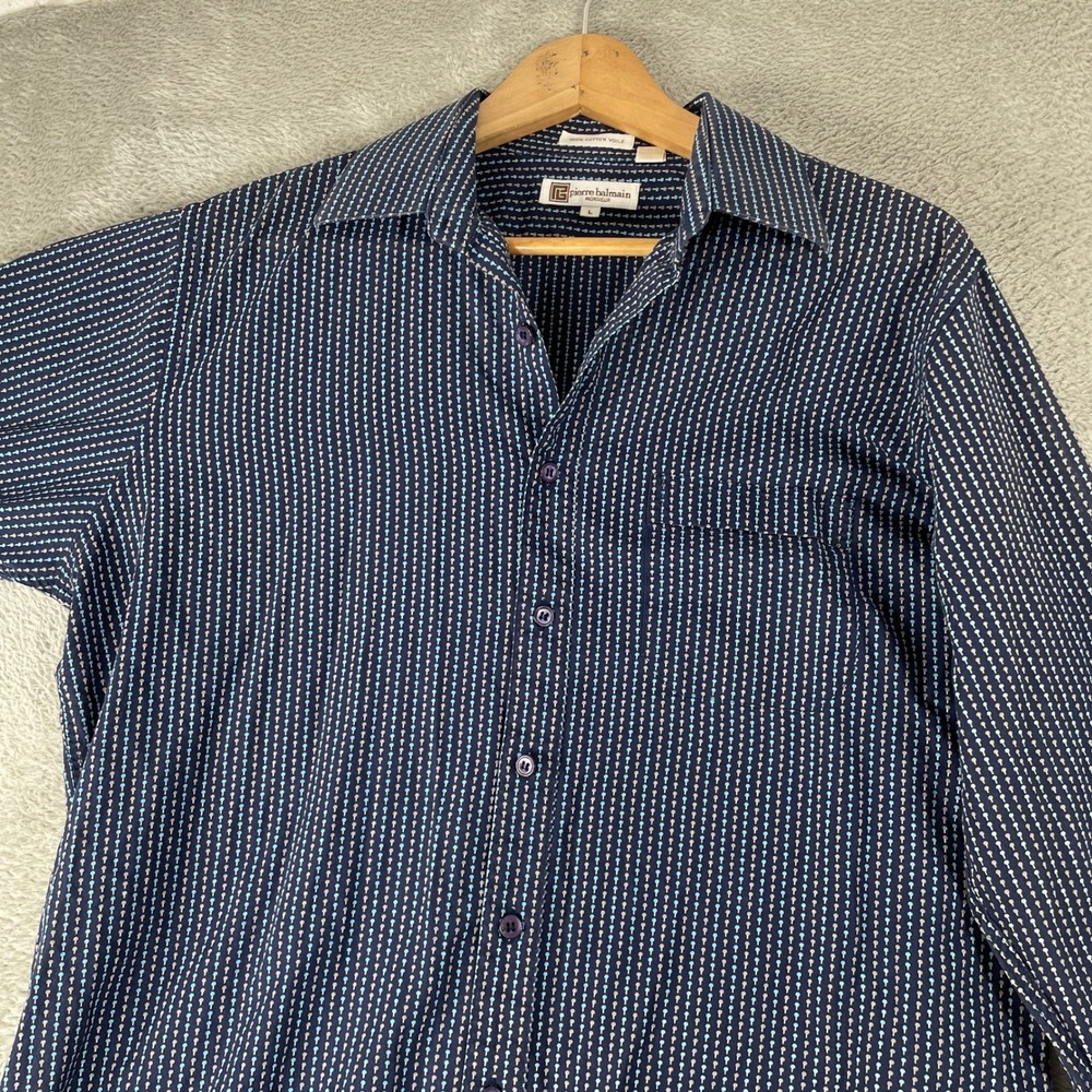 Pierre Balmain Monsieur Shirt Mens Large Blue Cotton Voile Geometric Pattern